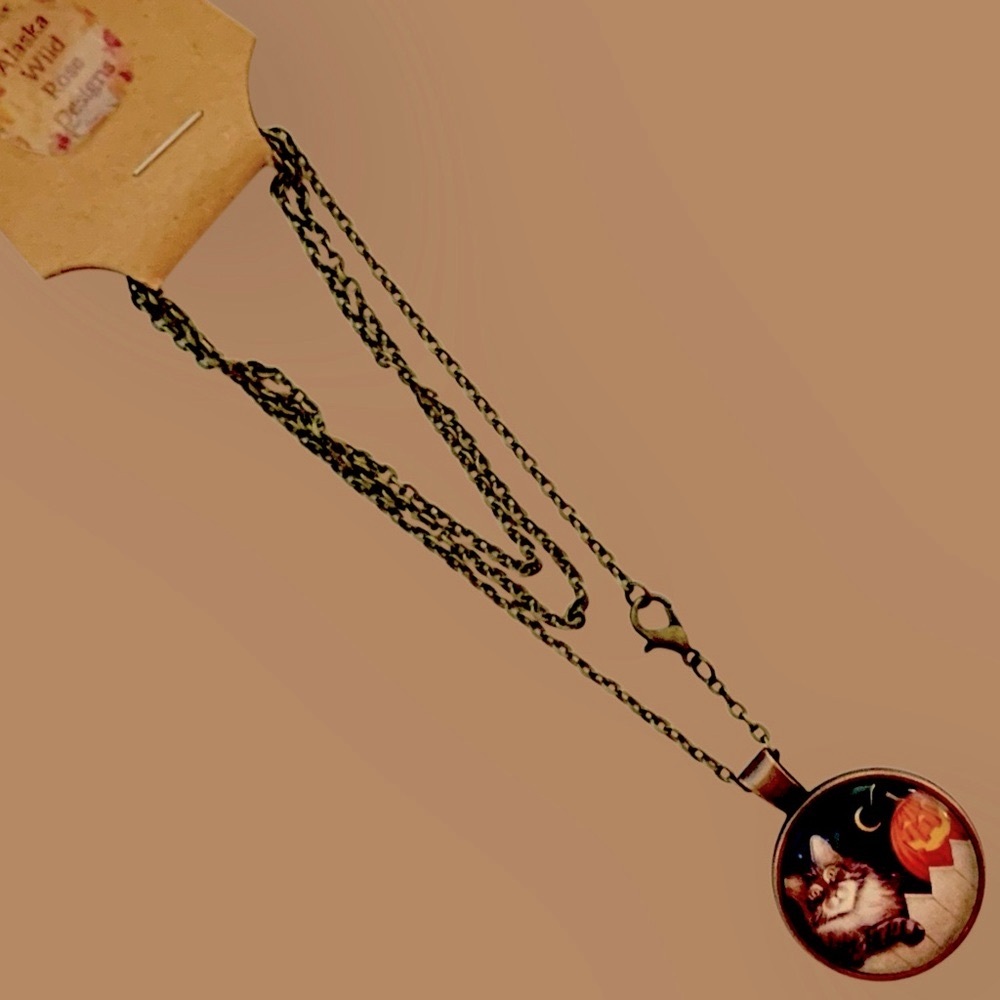 Cat and Pumpkin Jack O Lantern Pendant Necklace Handmade Halloween - Picture 4 of 6
